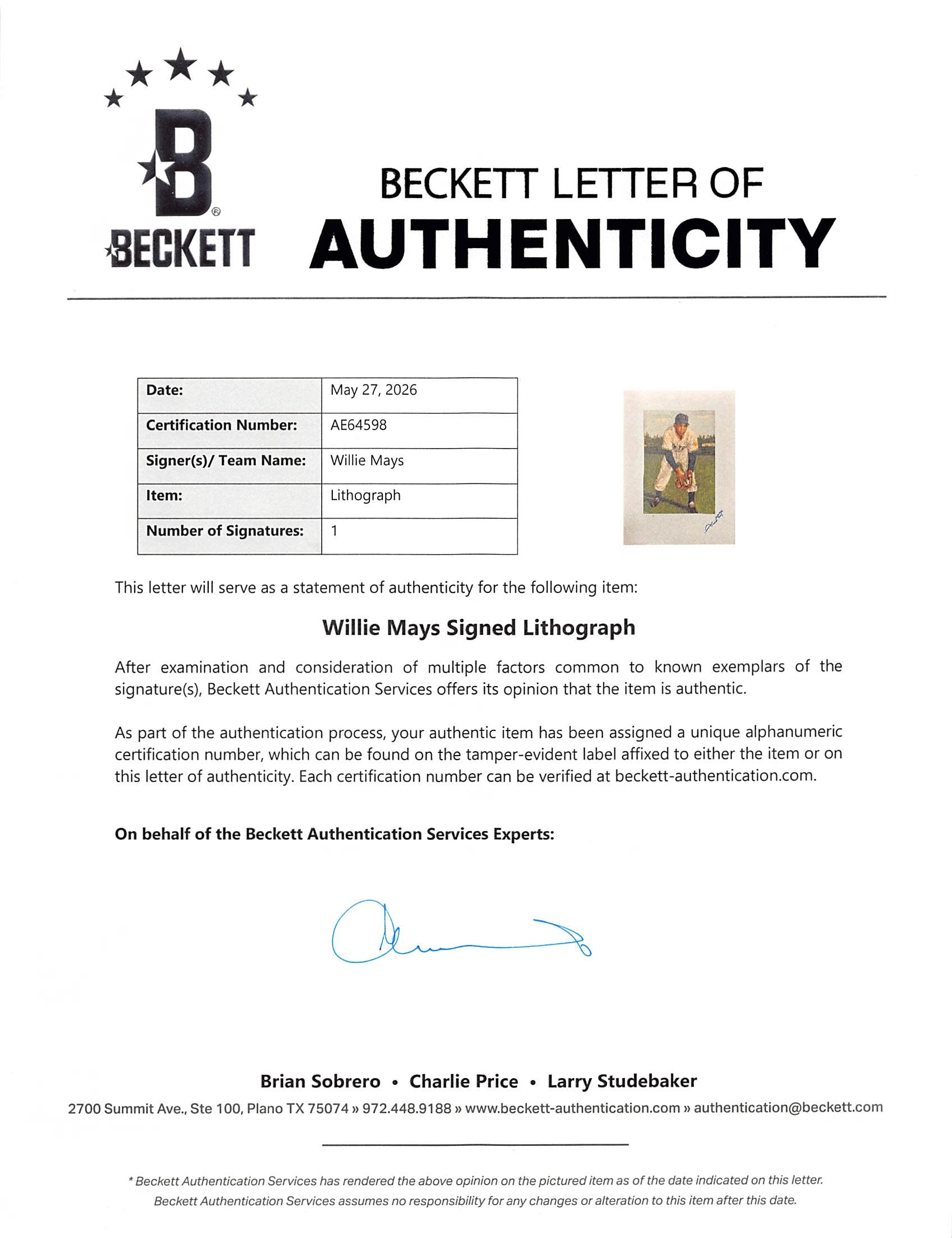 Giants Willie Mays Signed 11x15 1953 Topps Lithograph Limited Edition #/2000 BAS