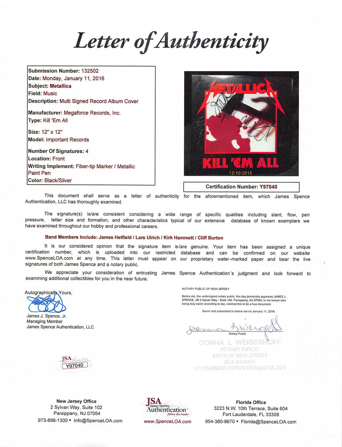 Metallica (4) Hetfield, Ulrich, Hammett, Burton Signed Kill 'Em All Album JSA