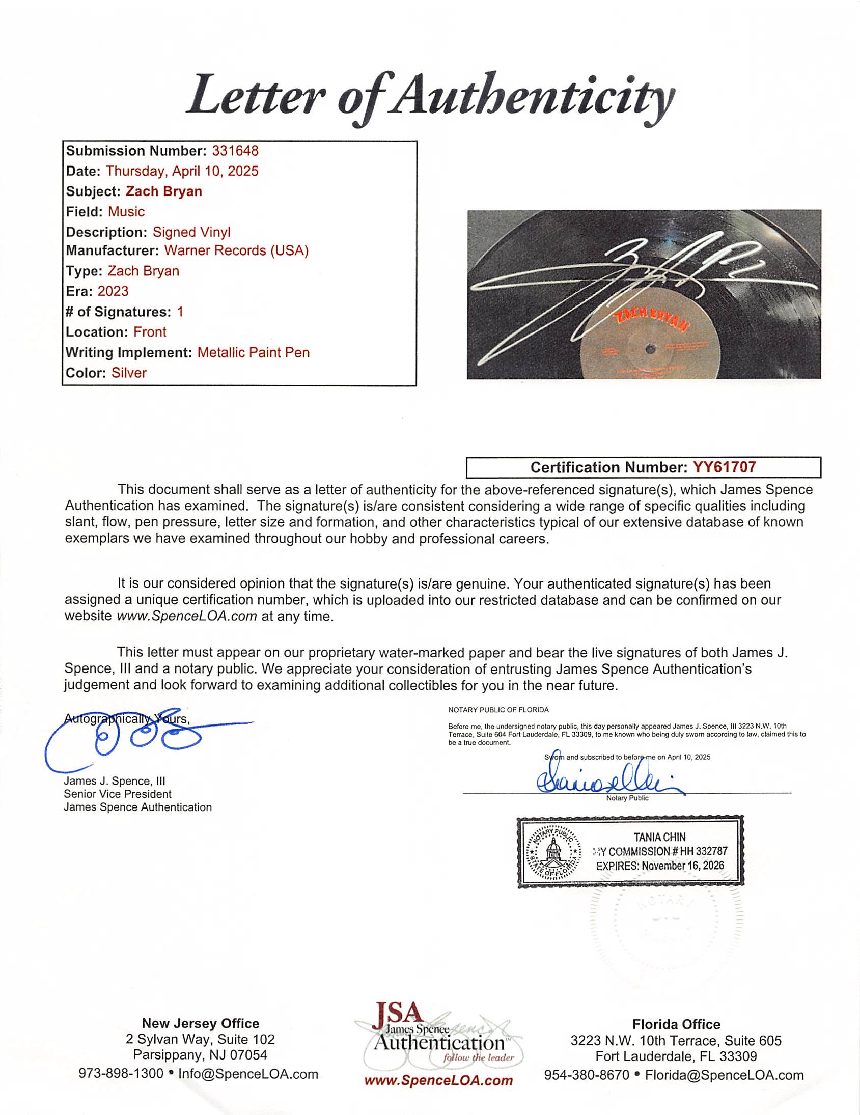 Zach Bryan Signed & Framed Self Titled Vinyl w/ Album Cover JSA #YY61707