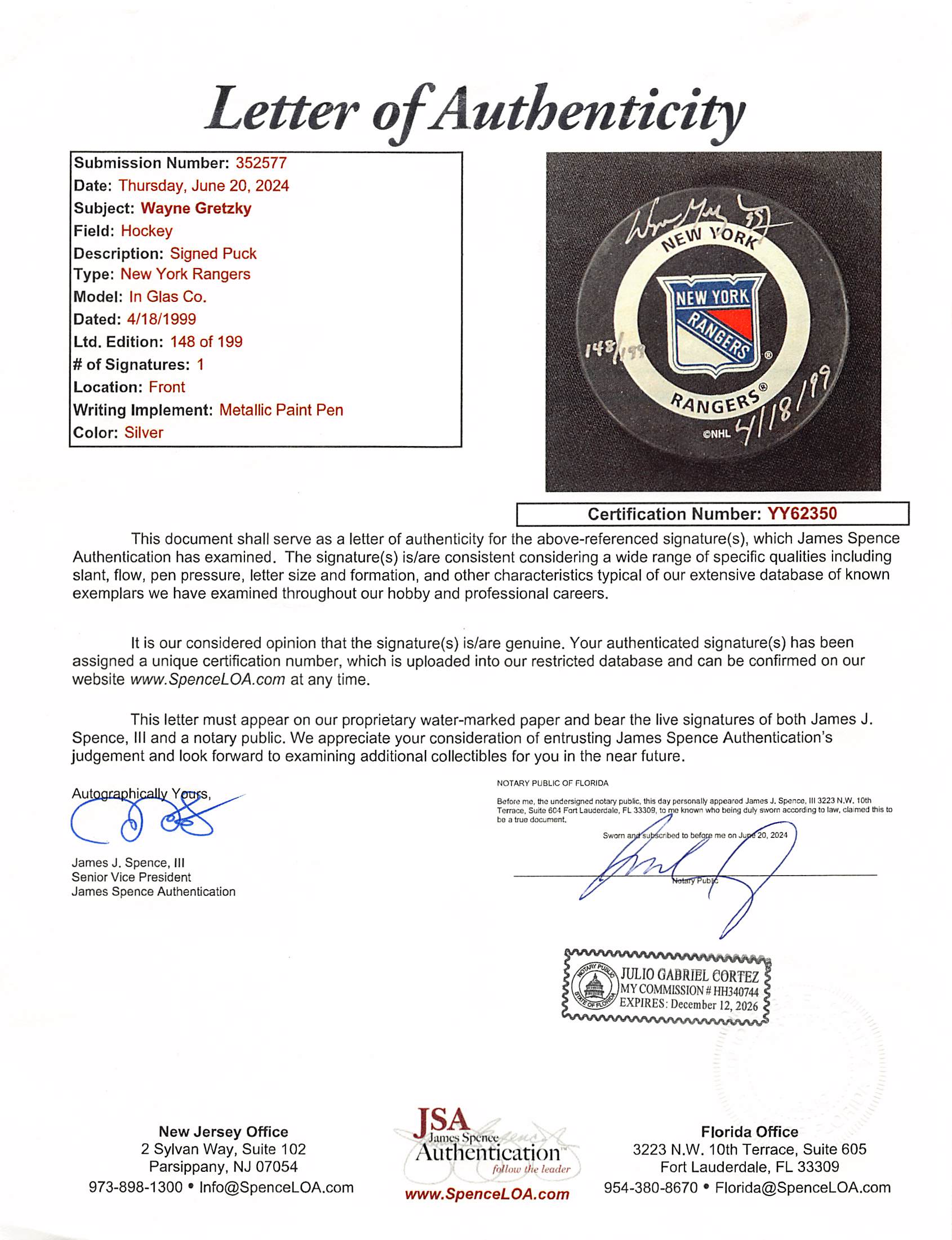 Wayne Gretzky Signed & Framed NY Rangers Logo Puck LE #148/199 JSA #YY62350