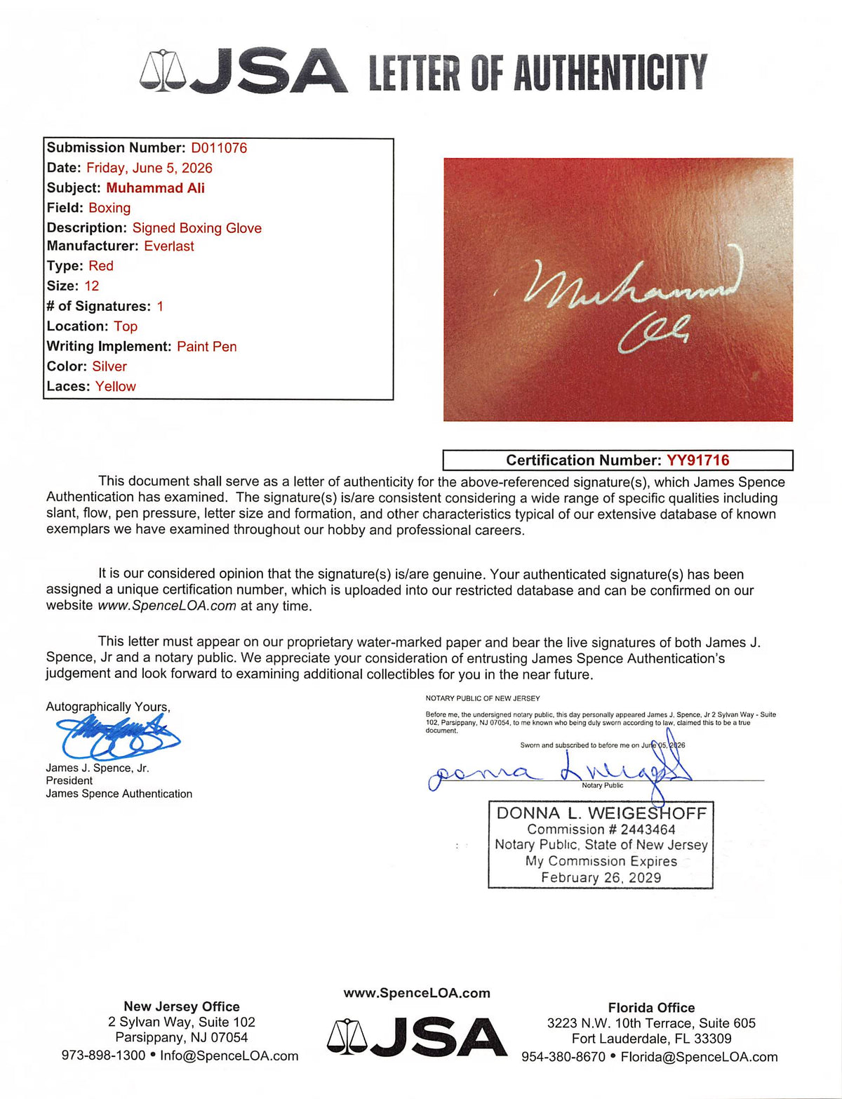 Muhammad Ali Authentic Signed Red Left Hand Everlast  Boxing Glove JSA #YY91716