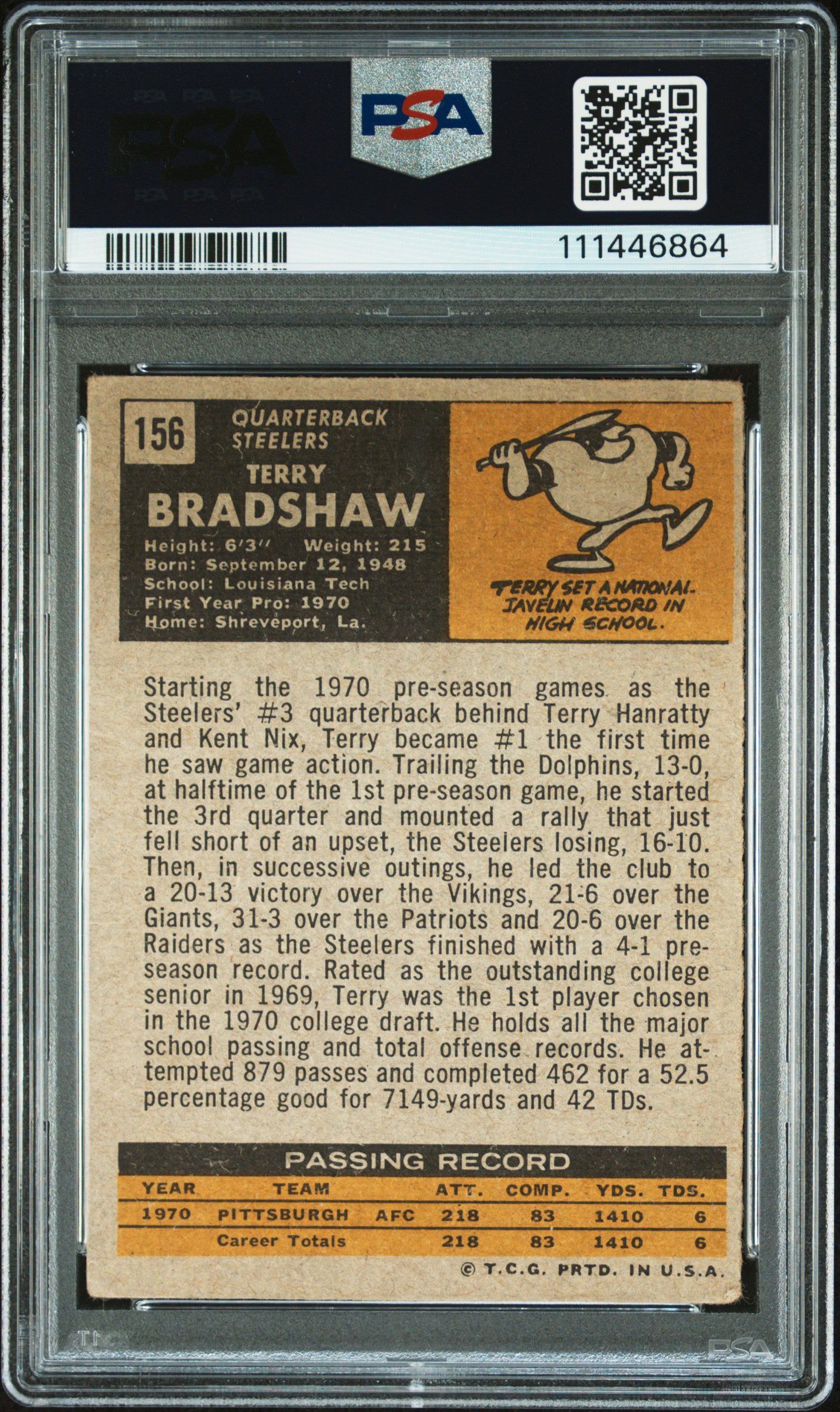 Steelers Terry Bradshaw  Signed 1971 Topps #156 Rookie Card Auto 10! PSA Slab 2