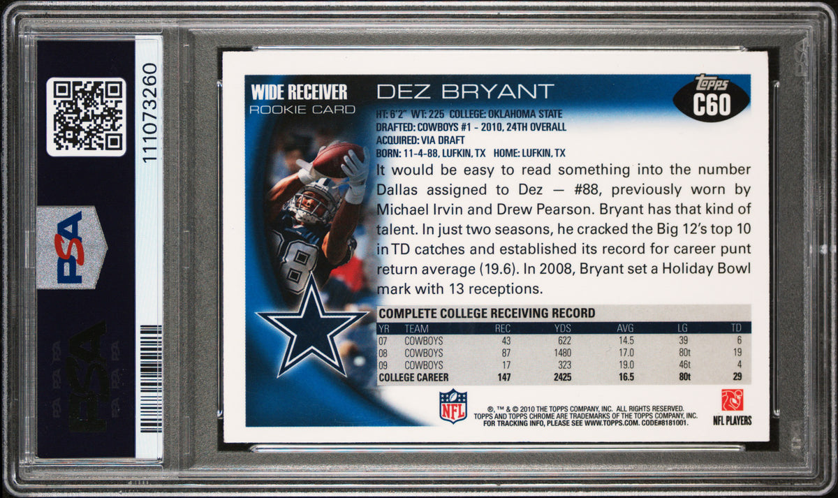 Cowboys Dez Bryant Signed 2010 Topps Chrome #C60 Rookie Card Auto 10! PSA Slab